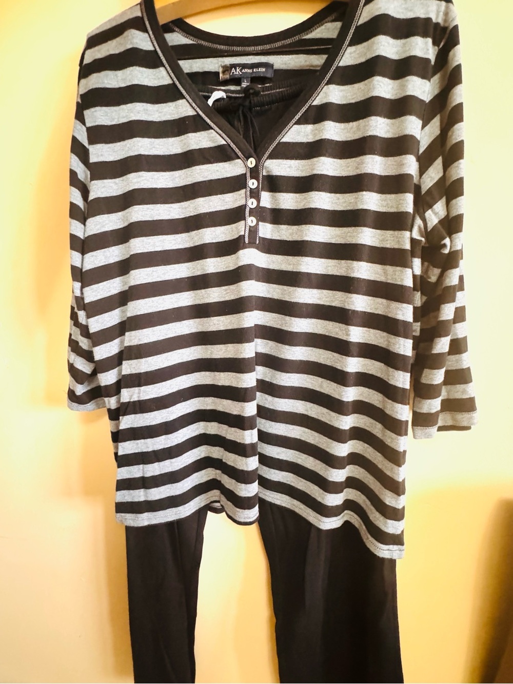 Anne Klein Women’s Black and Gray Striped Henley Top and Black Pants Pajama